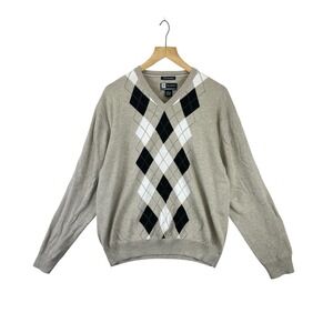 Jos A Bank Mens L Argyle V Neck Sweater 100% Pima Cotton Golf Knit Lightweight‎